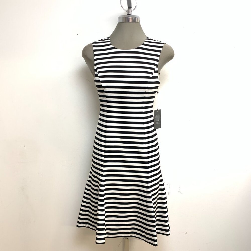 NEW VINCE CAMUTO ELEGANT BLACK WHITE STRIPED FIT & FLARE DRESS